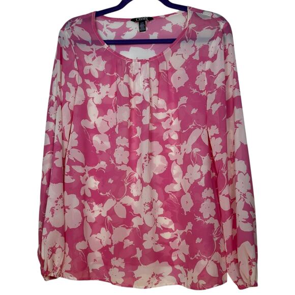 CHAPS pink with white floral print sheer lightweight long sleeve blouse Large - Picture 1 of 5
